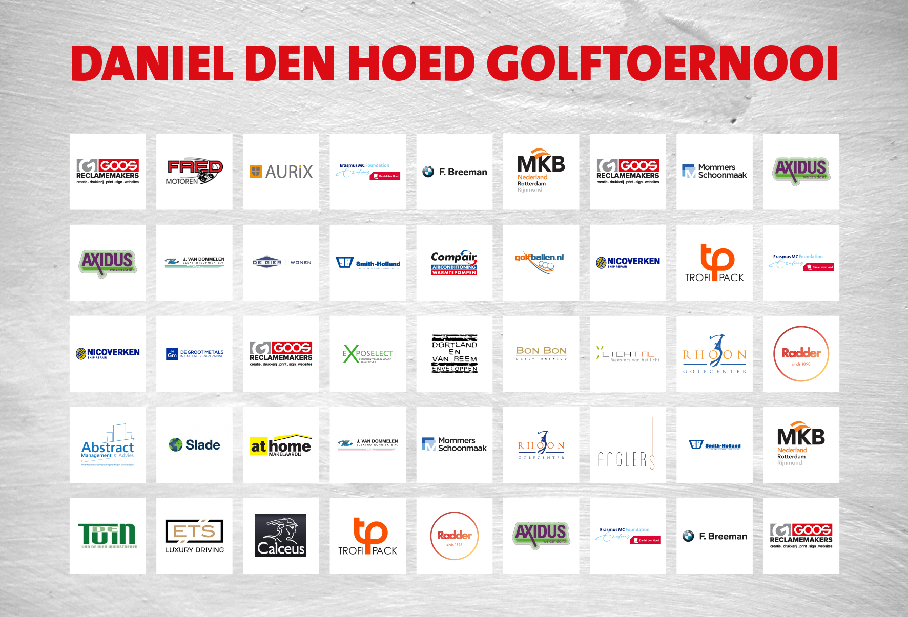 Een overzicht van alle bedrijven die het Daniel Den Hoed Golftoernooi hebben mogelijk gemaakt.